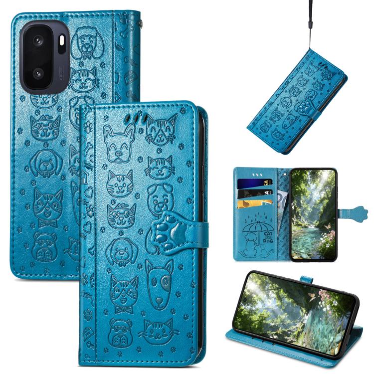 Blue cat and dog embossed leather folio phone case with flip cover and camera cutouts