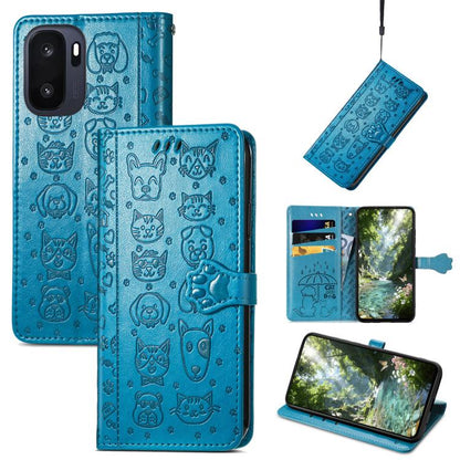 Blue cat and dog embossed leather folio phone case with flip cover and camera cutouts