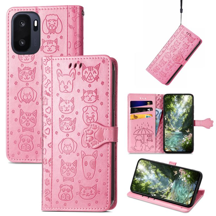 Pink cat and dog embossed leather folio phone case with flip cover and viewing stand