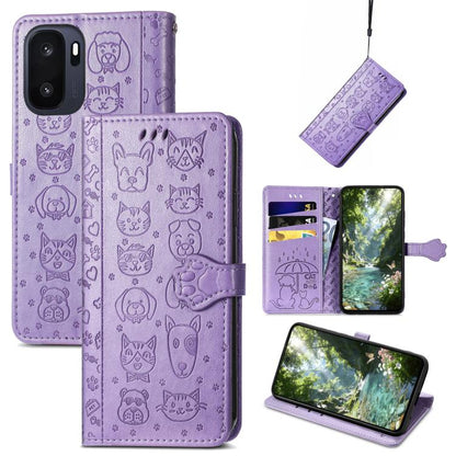 Purple cat and dog embossed leather folio phone case with flip cover and camera cutout