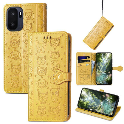 Gold cat and dog embossed leather folio phone case with flip cover and card holder