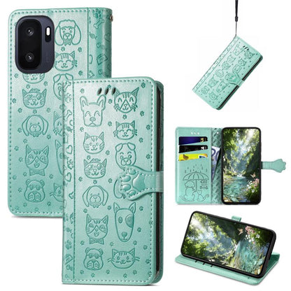 Teal cat and dog embossed leather folio phone case with flip cover and camera cutouts