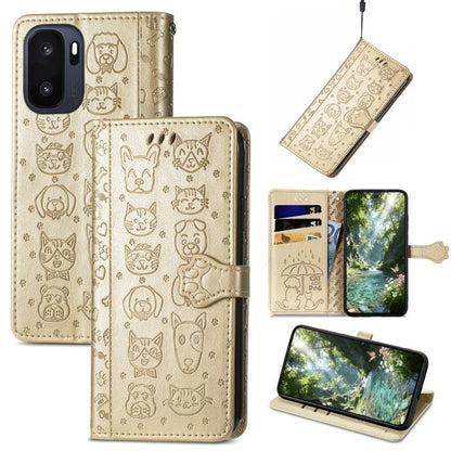 Gold embossed leather phone case with cat and dog pattern, folio style and strap.