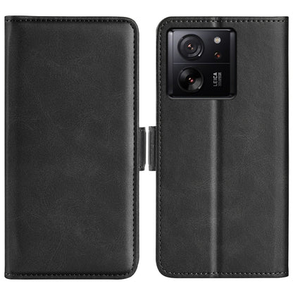 Black leather flip phone case with magnetic buckle, dual camera cutout
