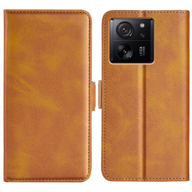 Yellow leather flip phone case with magnetic buckle, dual camera cutout