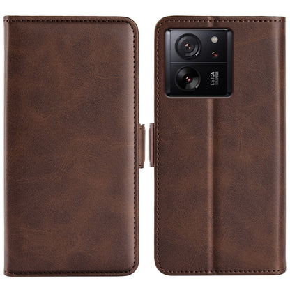 Brown leather flip phone case with magnetic buckle, dual camera cutout