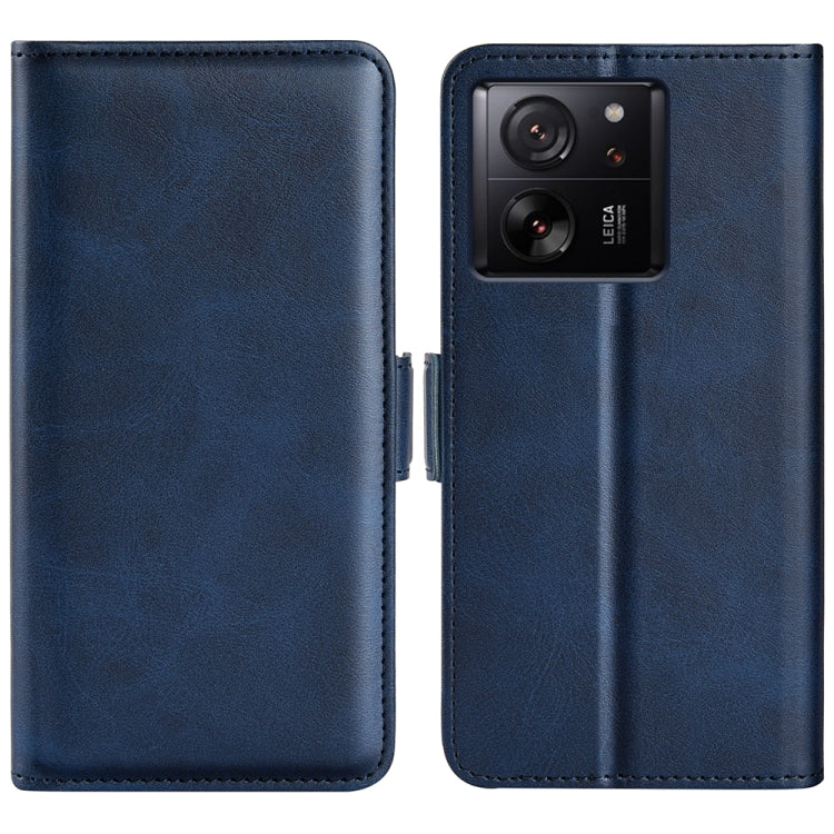 Dark blue leather flip phone case with magnetic buckle, dual camera cutout
