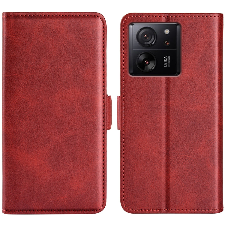 Red leather flip phone case with magnetic buckle, dual camera cutout