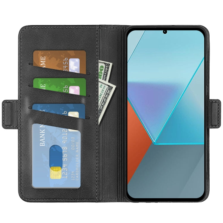 Black leather flip phone case with card slots and visible screen viewing mode
