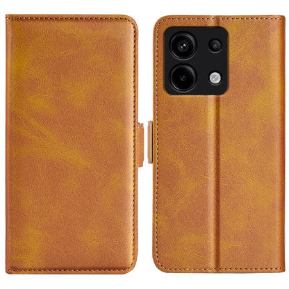 Tan leather flip phone case with magnetic closure and camera cutout