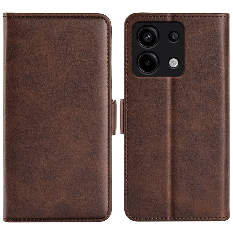 Brown leather flip phone case with magnetic closure and camera cutout