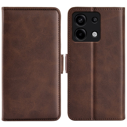 Brown leather flip phone case with magnetic closure and camera cutout