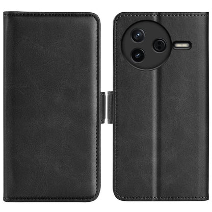 Black leather flip phone case with camera cutout and stitched edges