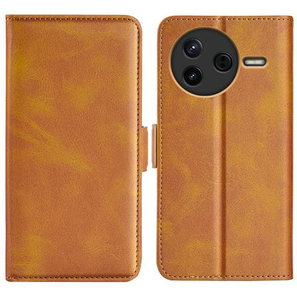Tan leather flip phone case with camera cutout and stitched edges