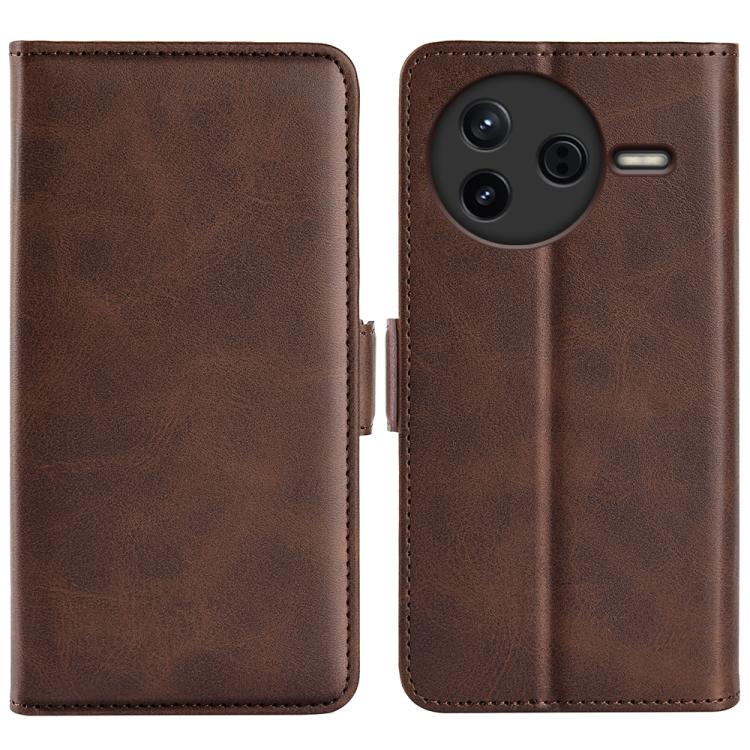 Brown leather flip phone case with camera cutout and stitched edges