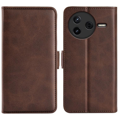 Brown leather flip phone case with camera cutout and stitched edges