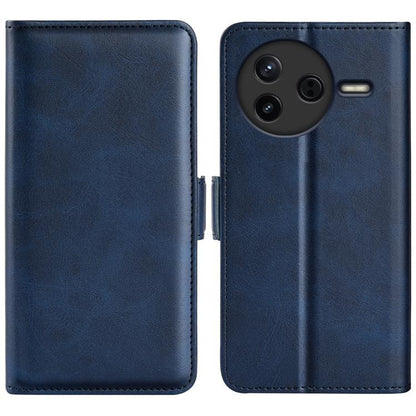 Dark blue leather flip phone case with camera cutout and stitched edges