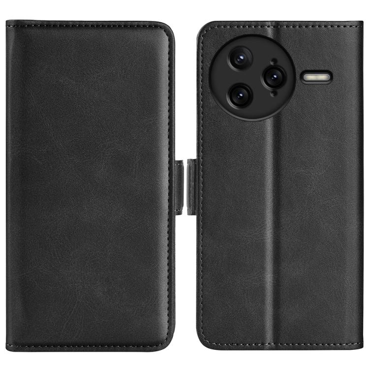Black leather flip phone case with magnetic buckle, camera lens cutout and side slot