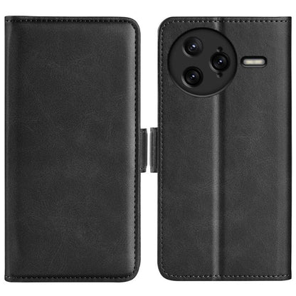 Black leather flip phone case with magnetic buckle, camera lens cutout and side slot
