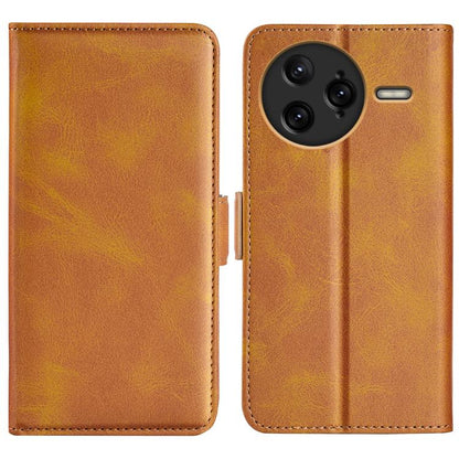Yellow leather flip phone case with magnetic buckle, camera lens cutout and side slot