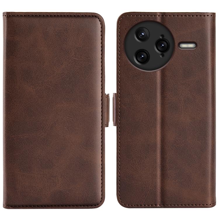 Brown leather flip phone case with magnetic buckle, camera lens cutout and side slot