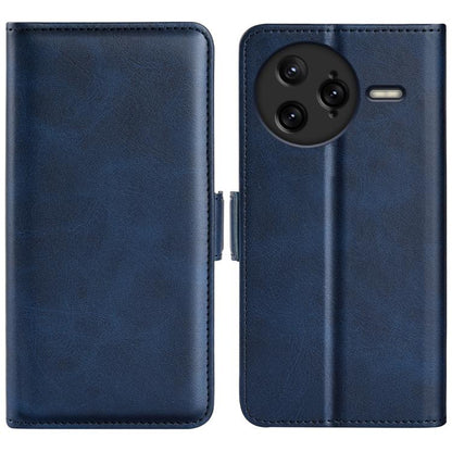 Dark blue leather flip phone case with magnetic buckle, camera lens cutout and side slot