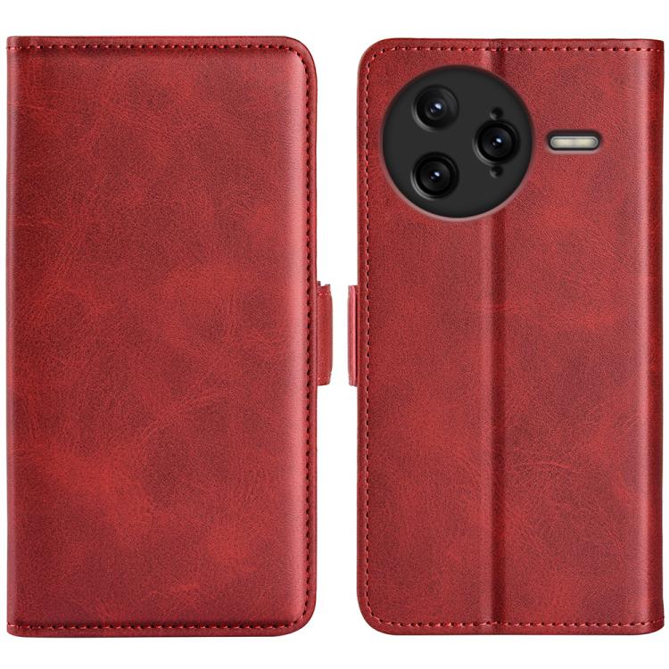 Red leather flip phone case with magnetic buckle, camera lens cutout and side slot