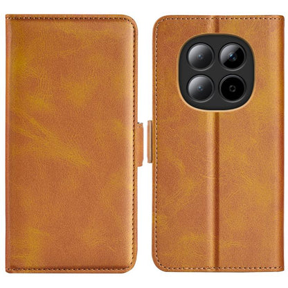 Tan leather magnetic flip phone case with horizontal buckle and quad camera cutout