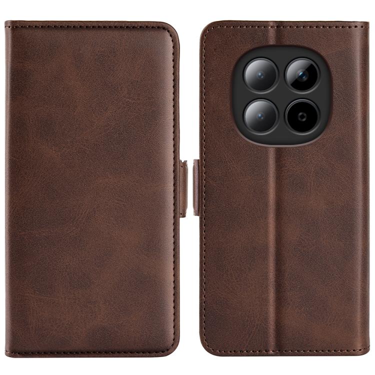 Dark brown leather magnetic flip phone case with horizontal buckle and quad camera cutout