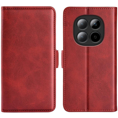 Red leather magnetic flip phone case with horizontal buckle and quad camera cutout