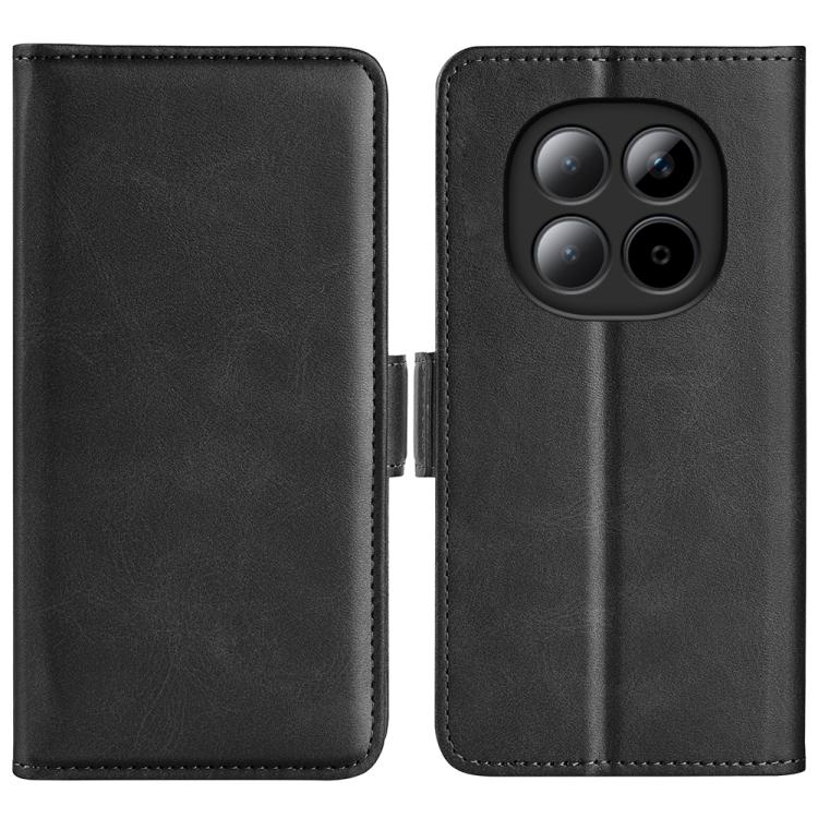 Black leather flip phone case with magnetic closure; cutout for quad camera array