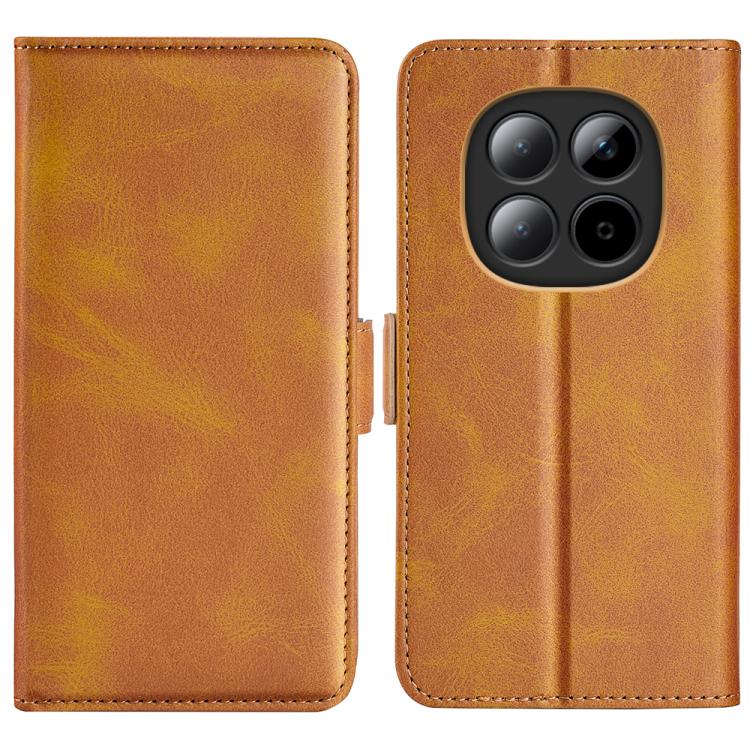 Tan leather flip phone case with magnetic closure; cutout for quad camera array