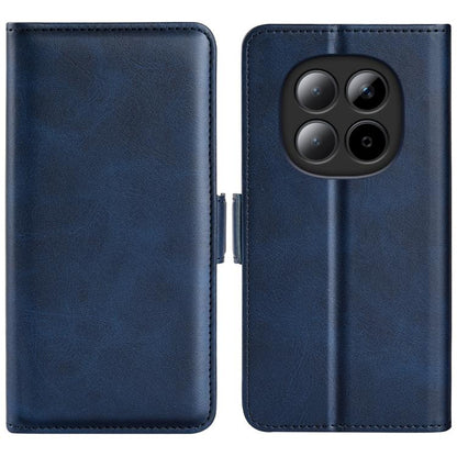 Dark blue leather flip phone case with magnetic closure; cutout for quad camera array