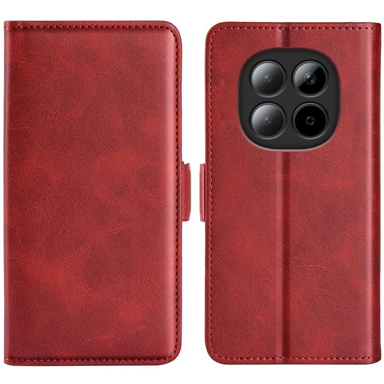 Red leather flip phone case with magnetic closure; cutout for quad camera array