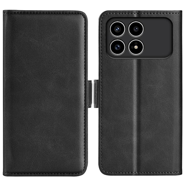 Black leather flip phone case with magnetic buckle, open cover and camera cutouts