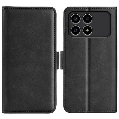 Black leather flip phone case with magnetic buckle, open cover and camera cutouts