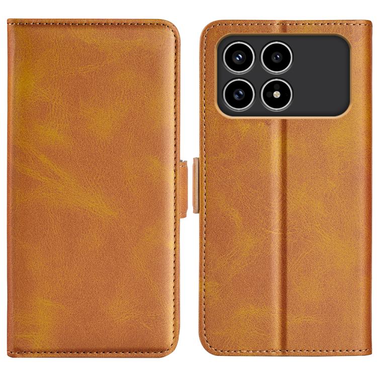 Yellow leather flip phone case with magnetic buckle, open cover and camera cutout