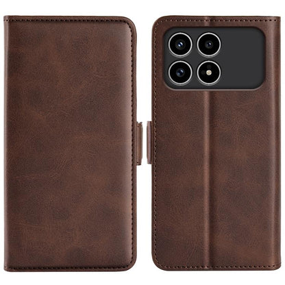 Brown leather flip phone case with magnetic buckle, open cover and camera cutouts