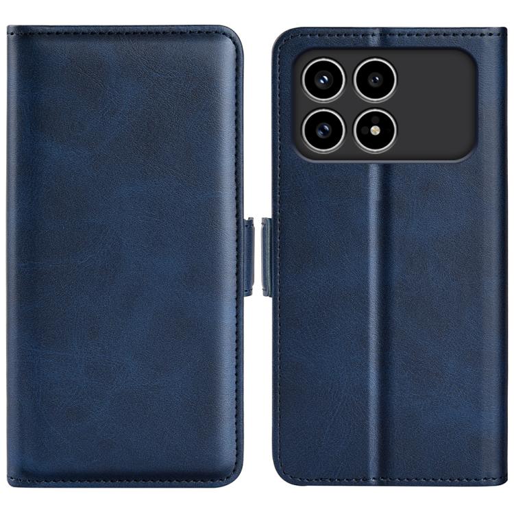 Dark blue leather flip phone case with magnetic buckle, open cover and camera cutout