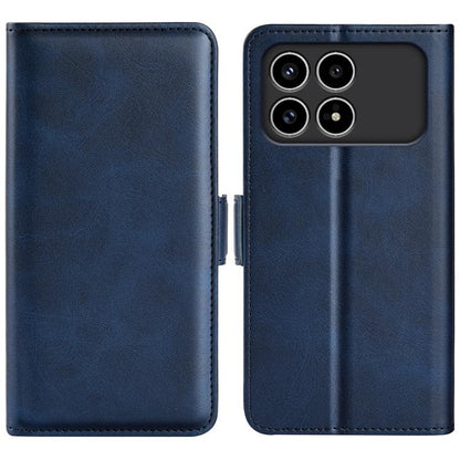 Dark blue leather flip phone case with magnetic buckle, open cover and camera cutout