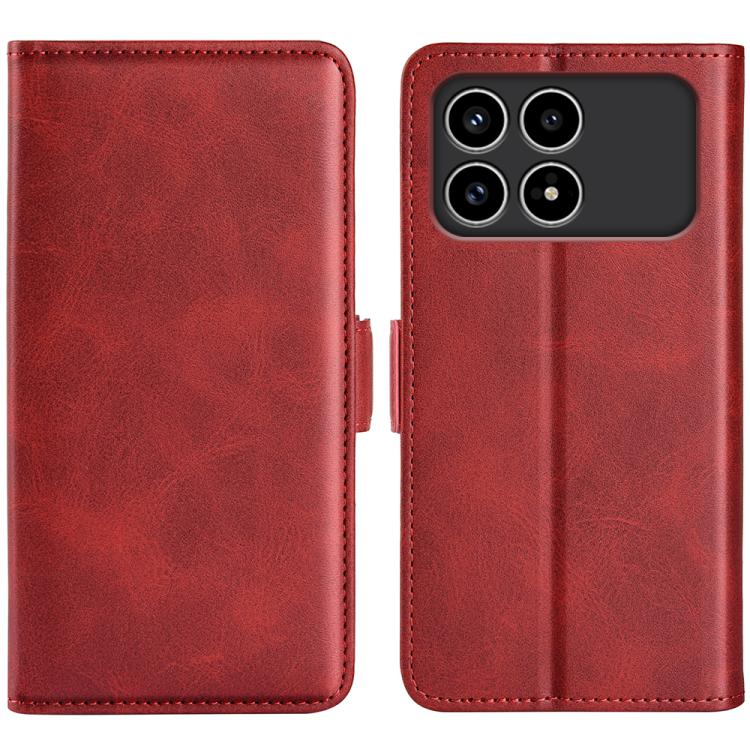 Red leather flip phone case with magnetic buckle, open cover and camera cutouts