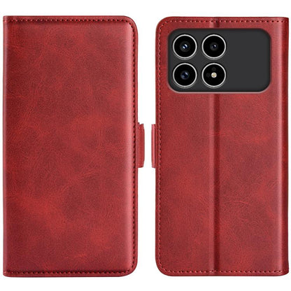 Red leather flip phone case with magnetic buckle, open cover and camera cutouts