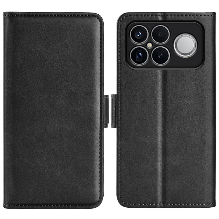 Black leather magnetic flip phone case with horizontal buckle and quad camera with flash cutout