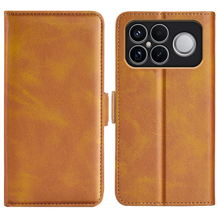Tan leather magnetic flip phone case with horizontal buckle and quad camera with flash cutout