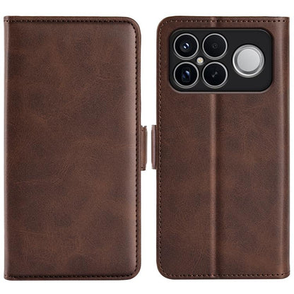 Brown leather magnetic flip phone case with horizontal buckle and quad camera with flash cutout