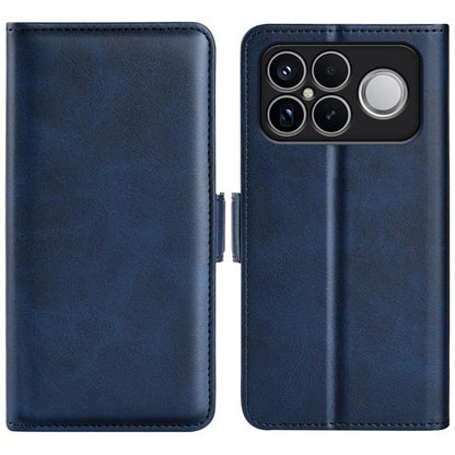Dark blue leather magnetic flip phone case with horizontal buckle and quad camera with flash cutout