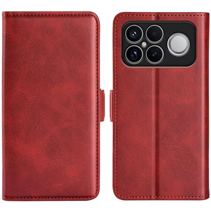 Red leather magnetic flip phone case with horizontal buckle and quad camera with flash cutout