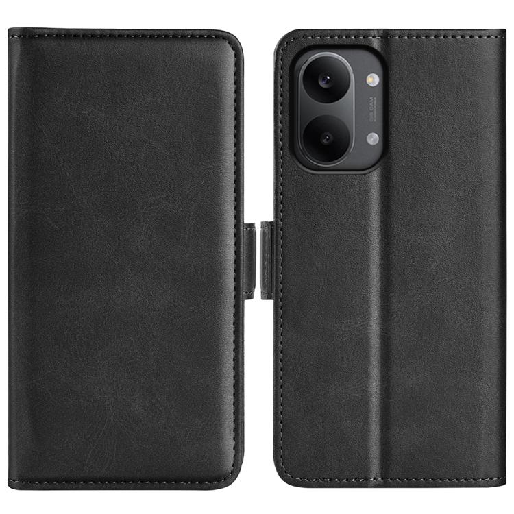 Black leather flip phone case with magnetic buckle and dual camera cutout.