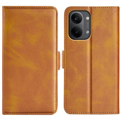 Tan leather flip phone case with magnetic buckle and dual camera cutout.