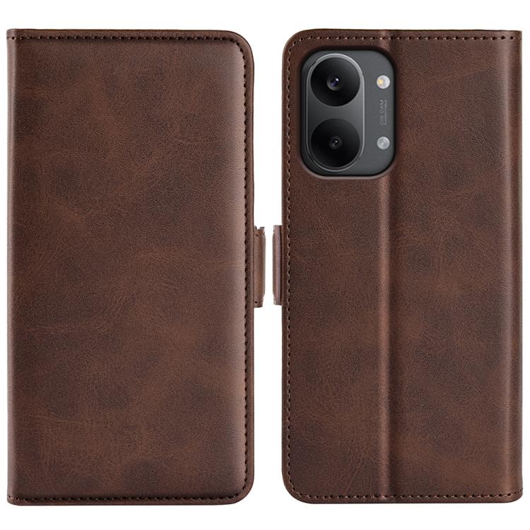 Brown leather flip phone case with magnetic buckle and dual camera cutout.